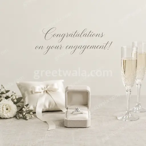 Elegant minimal English engagement card displaying Congratulations on your engagement with soft ivory tones and graceful gold flourishes.
