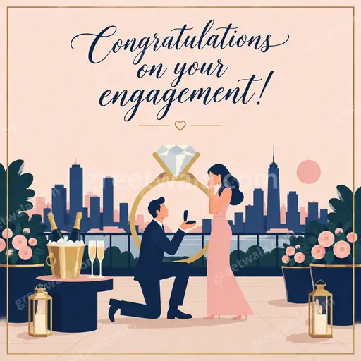 Modern flat vector engagement card showing 'Congratulations on your engagement!' with elegant rings and soft romantic pastel background.