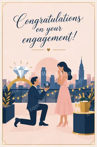 Modern flat vector card featuring Congratulations on your engagement text with elegant rings and joyful romantic pastel florals.