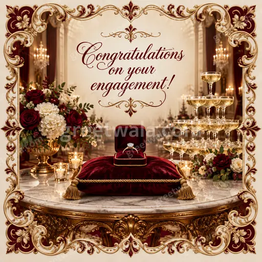 Ornate traditional English engagement card displaying Congratulations on your engagement with golden elegant joyful blessings.