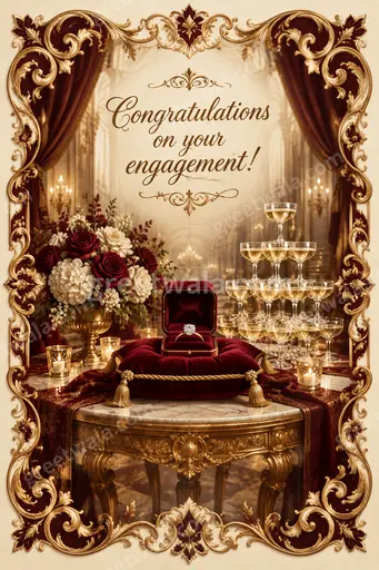 Ornate traditional engagement card with elegant gold motifs radiating joyful warmth and Congratulations on your engagement!