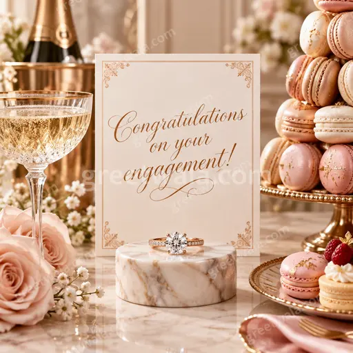Premium engagement card displaying Congratulations on your engagement with elegant gold rings, blush florals, and romantic glow.