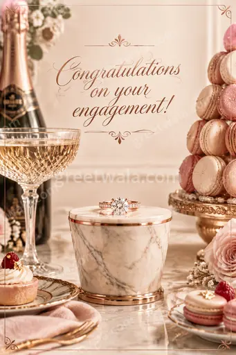 Elegant romantic engagement card with sparkling gold rings, soft blush florals and luxurious festive glow.