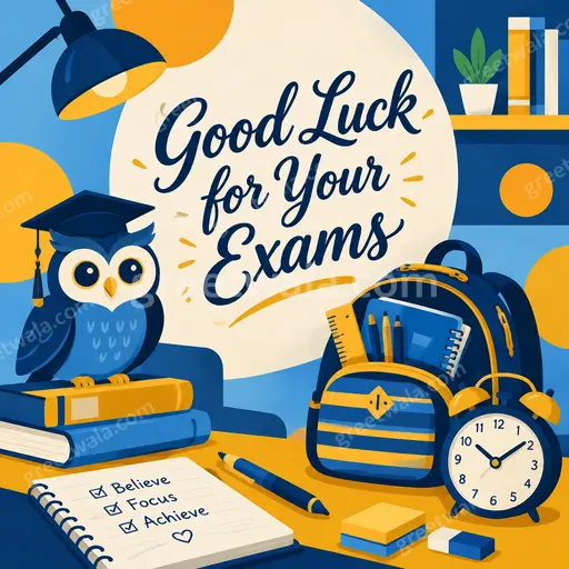 Cheerful flat vector card with smiling students, books and pencils in bright colors wishing Good Luck for Your Exams.