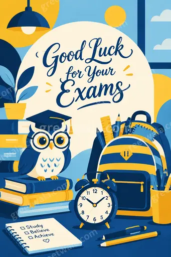 Cheerful modern flat vector card reading Good Luck for Your Exams with books, pencils and confident bright style.