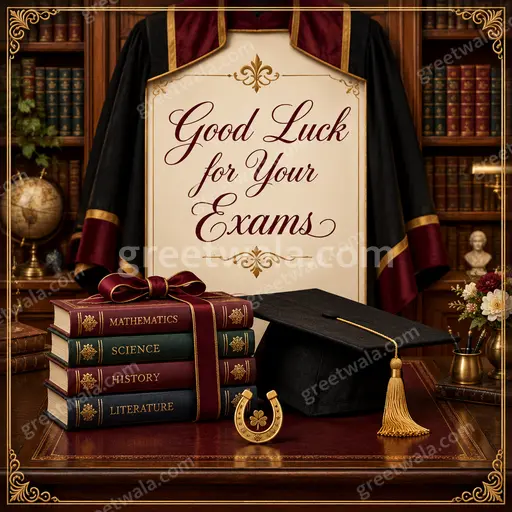 Ornate traditional card displaying 'Good Luck for Your Exams' in elegant lettering with warm golden festive encouraging details.