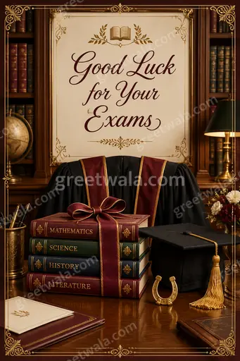 Ornate traditional English card with golden borders radiating warm encouraging Good Luck for Your Exams wishes.