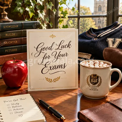 Premium Exam wishes card showing 'Good Luck for Your Exams' with elegant studious design in warm encouraging celebratory mood.