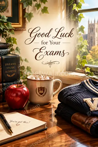 Premium exam wishes card featuring Good Luck for Your Exams with elegant inspiring scholarly celebratory design and warm tones.