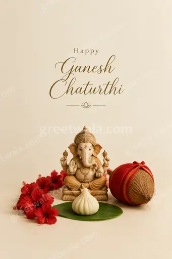 Elegant minimal cream card displaying Happy Ganesh Chaturthi with delicate golden Ganesha motif exuding calm festive devotion.