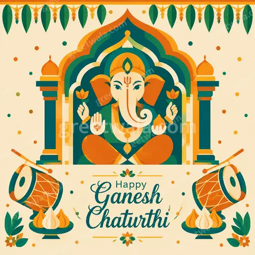 Modern flat vector Happy Ganesh Chaturthi card with cheerful Ganesha motif radiating joyful festive blessings.