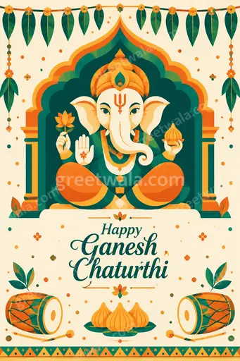 Modern flat vector card radiates festive joy with stylized Lord Ganesha, vibrant marigolds, and "Happy Ganesh Chaturthi" greeting.