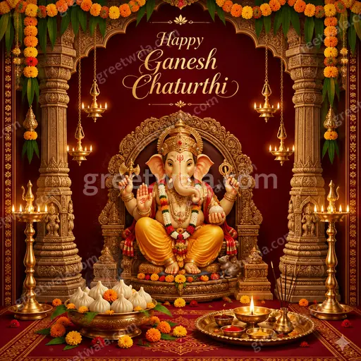 Ornate traditional card displaying Happy Ganesh Chaturthi with glowing Ganesha, marigolds, diyas and festive devotional warmth.