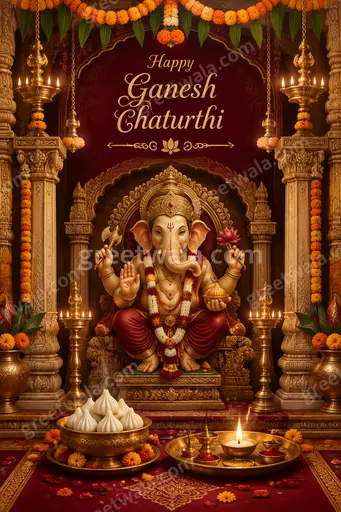 Ornate traditional card displaying Happy Ganesh Chaturthi with golden idols, marigolds, diyas in warm festive reverent glow.