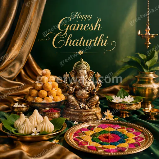 Premium showcase card displaying 'Happy Ganesh Chaturthi' with majestic Ganesha, golden diyas, rich maroon and gold festive elegance.