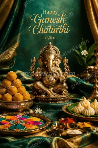 Elegant premium card displaying Happy Ganesh Chaturthi with golden Ganesha amid marigolds on rich festive background.