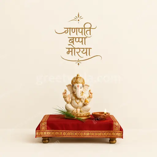 Elegant minimal Ganesh Chaturthi card with serene golden motifs and bold Hindi greeting गणपति बप्पा मोरया.