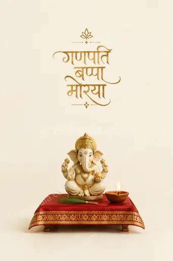 Elegant minimal Ganesh Chaturthi card displaying गणपति बप्पा मोरया with serene golden motifs on a calm ivory background.