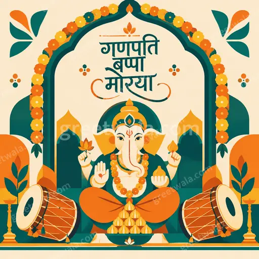 Joyful flat vector Ganesh Chaturthi card displays गणपति बप्पा मोरया with vibrant marigolds, diyas, festive modern elegance.