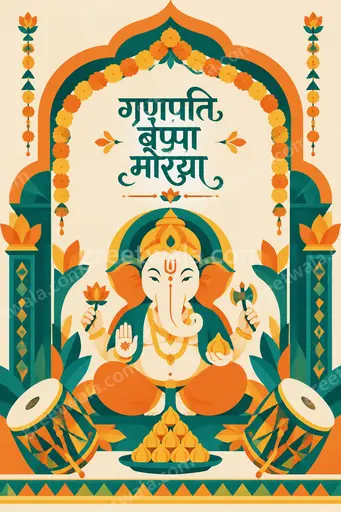 Modern flat vector Ganesh Chaturthi card displaying 'गणपति बप्पा मोरया' with vibrant festive joyful elegant devotional mood.