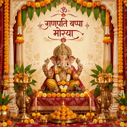 Ornate traditional Ganesh Chaturthi greeting card in Hindi displaying गणपति बप्पा मोरया with festive devotional golden elegance.