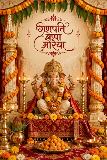 Ornate traditional Ganesh Chaturthi card radiating festive devotion, featuring Lord Ganesha with Hindi greeting गणपति बप्पा मोरया.