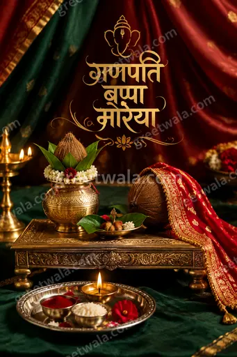 Elegant festive card radiates divine warmth with ornate gold motifs, glowing diyas, marigolds, celebrating गणपति बप्पा मोरया joyfully.