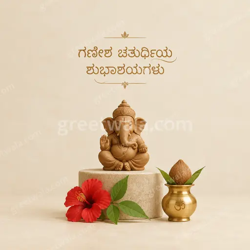 Elegant minimal Ganesh Chaturthi card in soft gold tones with serene Lord Ganesha motif and graceful Kannada festive warmth.