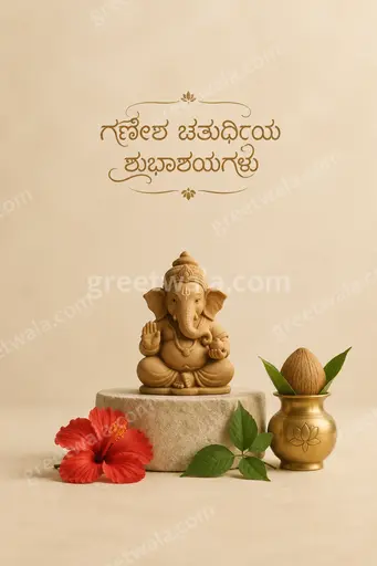 Elegant minimal card with peaceful golden Ganesha illustration displaying ಗಣೇಶ ಚತುರ್ಥಿಯ ಶುಭಾಶಯಗಳು in graceful Kannada typography.