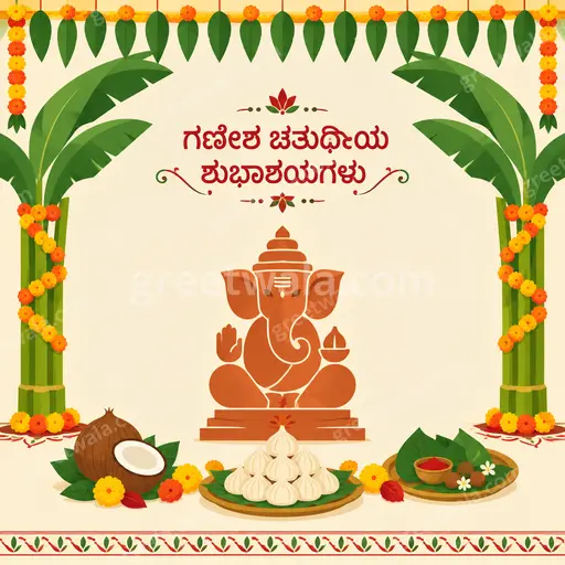 Modern flat vector Ganesh Chaturthi card in vibrant festive tones with joyful auspicious mood showing ಗಣೇಶ ಚತುರ್ಥಿಯ ಶುಭಾಶಯಗಳು.