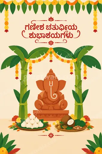 Modern flat vector Ganesh Chaturthi card displaying 'ಗಣೇಶ ಚತುರ್ಥಿಯ ಶುಭಾಶಯಗಳು' in warm joyful festive elegance.