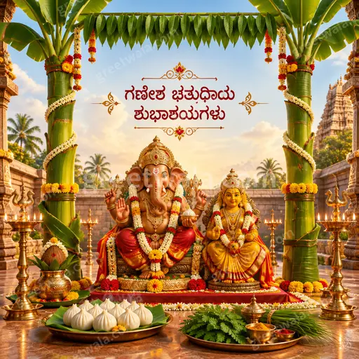 Ornate traditional Ganesh Chaturthi card in Kannada displaying 'ಗಣೇಶ ಚತುರ್ಥಿಯ ಶುಭಾಶಯಗಳು' with divine festive golden elegance.