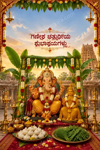Ornate traditional Ganesh Chaturthi card glowing with festive devotion, displaying 'ಗಣೇಶ ಚತುರ್ಥಿಯ ಶುಭಾಶಯಗಳು' in elegant Kannada script.