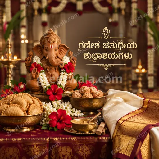 Premium radiant Lord Ganesha showcase card with golden glow, flowers, and joyful Kannada festive elegance.