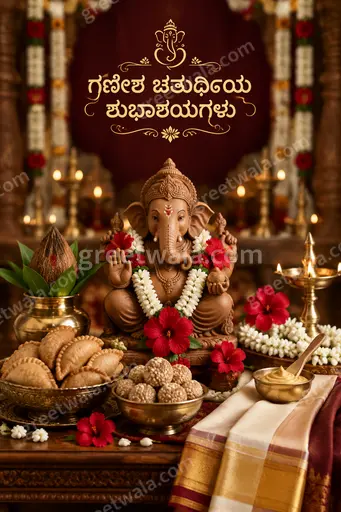 Majestic Ganesha idol with marigolds, glowing diyas and golden temple backdrop conveying divine festive Kannada elegance.