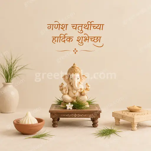 Elegant minimal Ganesh Chaturthi card with soft golden motifs, serene festive glow, displaying Marathi greeting gracefully.