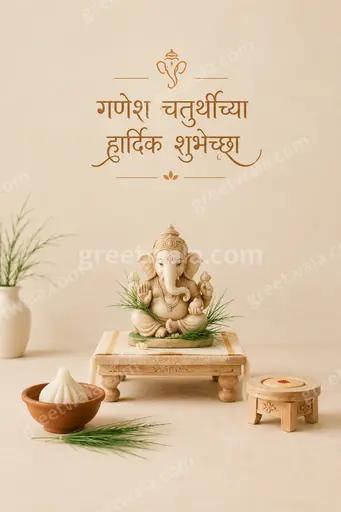 Elegant minimal Ganesh Chaturthi card showing 'गणेश चतुर्थीच्या हार्दिक शुभेच्छा' in gold with calm devotional serenity.