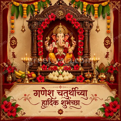 Ornate traditional Ganesh Chaturthi card displaying 'गणेश चतुर्थीच्या हार्दिक शुभेच्छा' with golden decor, flowers, diyas and devotional warmth.