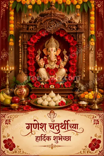 Ornate traditional Ganesh Chaturthi card displaying गणेश चतुर्थीच्या हार्दिक शुभेच्छा with divine festive elegant joyful mood.