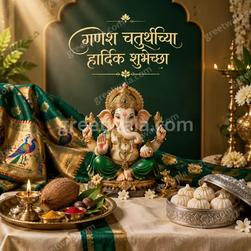 Premium Marathi Ganesh Chaturthi card displaying 'गणेश चतुर्थीच्या हार्दिक शुभेच्छा' amid golden idols, flowers, diyas and festive glow.