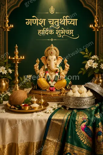 Premium Ganesh Chaturthi card glowing with festive gold, marigolds, and blessings reading 'गणेश चतुर्थीच्या हार्दिक शुभेच्छा' elegantly.