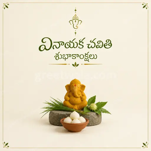 Elegant minimal Telugu Ganesh Chaturthi card with graceful motifs in gold cream tones evoking devotion, peace and warmth.