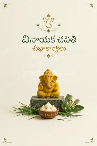 Elegant minimal Telugu Ganesh Chaturthi card displaying వినాయక చవితి శుభాకాంక్షలు with serene golden motifs and peaceful festive grace.