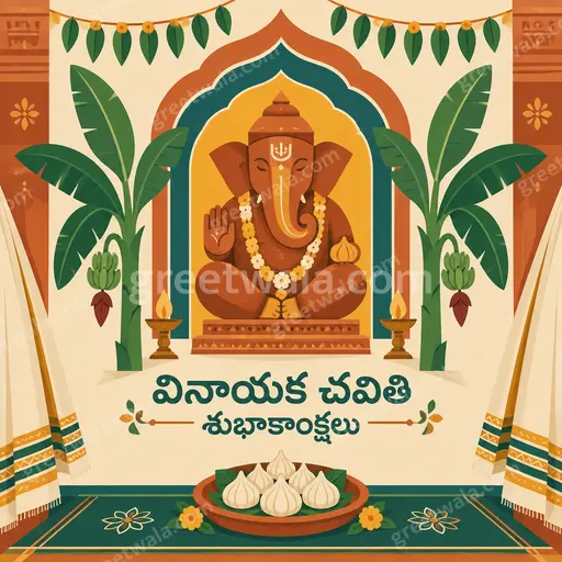 Modern flat vector Ganesh Chaturthi card displaying Telugu greeting with cheerful festive gold and orange joyful mood.