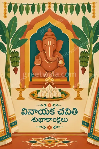 Modern flat vector card with joyful Lord Ganesha motif radiating festive warmth, displaying 'వినాయక చవితి శుభాకాంక్షలు' elegantly.