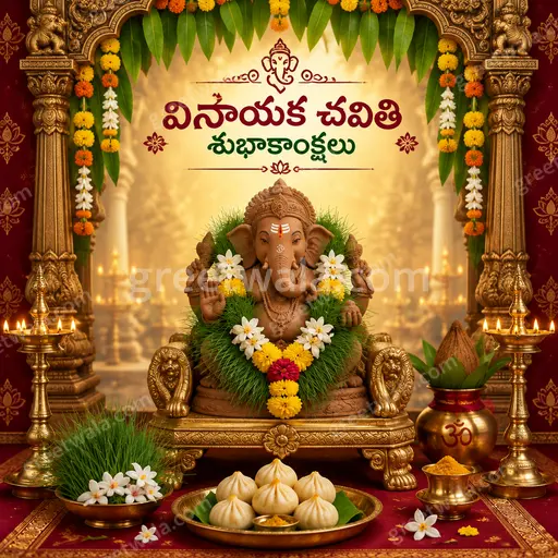 Ornate traditional card displaying “వినాయక చవితి శుభాకాంక్షలు” with radiant deity art, gold details, and joyful devotional warmth.