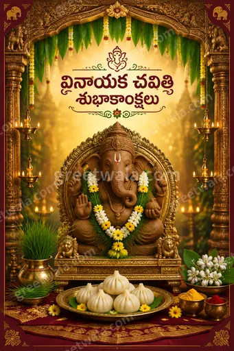 Ornate traditional card radiates devotional warmth with golden motifs, flowers, and Telugu greeting Vinayaka Chavithi Shubhakankshalu.