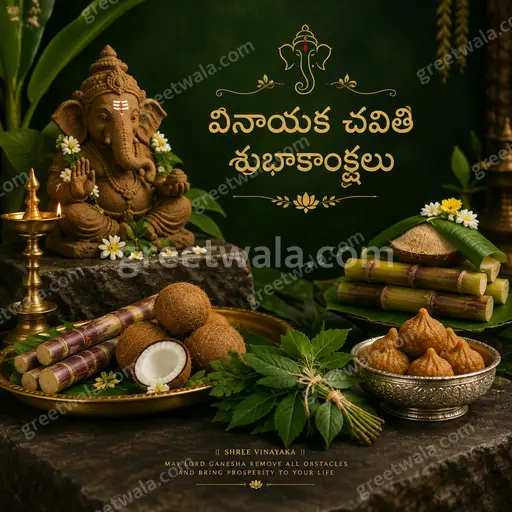 Premium ornate Lord Ganesha with glowing diyas, marigold garlands, and divine festive radiance in traditional Telugu style.
