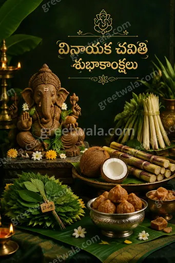 Premium Telugu showcase card displaying 'వినాయక చవితి శుభాకాంక్షలు' with divine Ganesha, golden glow, and festive elegance.