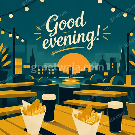 Warm modern flat vector Good Evening card with 'Good evening!' text, cozy sunset hues and calm peaceful mood.